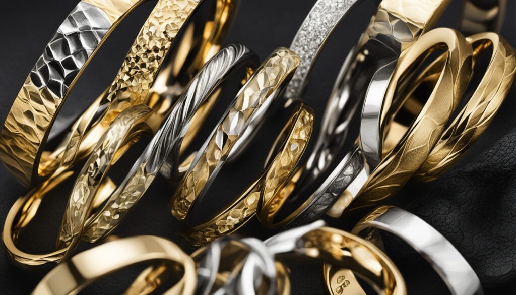 Verschiedene Goldtöne gehämmerter Eheringe